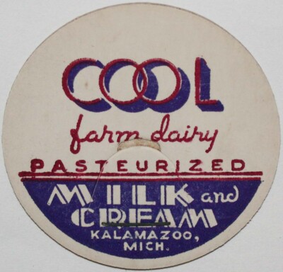 Vintage milk bottle cap COOL FARM DAIRY Milk and Cream Kalamazoo Michigan unused