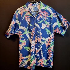 Vintage Hawaiian Shirt Blue Pink XL Button Up Barefoot in Paradise Floral