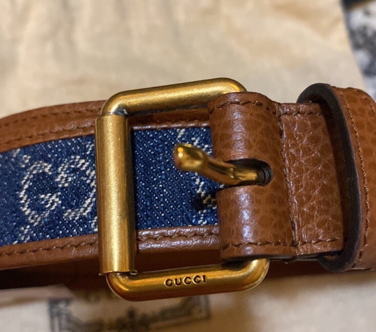 Gucci Brown Leather & Denim Square Buckle Belt Size 90 | eBay display picture 1