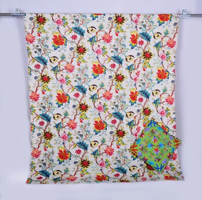 Indian Queen Quilt Kantha Floral Bedspread Cotton Blanket Ralli Gudari