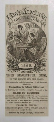 1865 The Lady's Almanac of the Year Advertisement George Coolidge Boston, Mass.