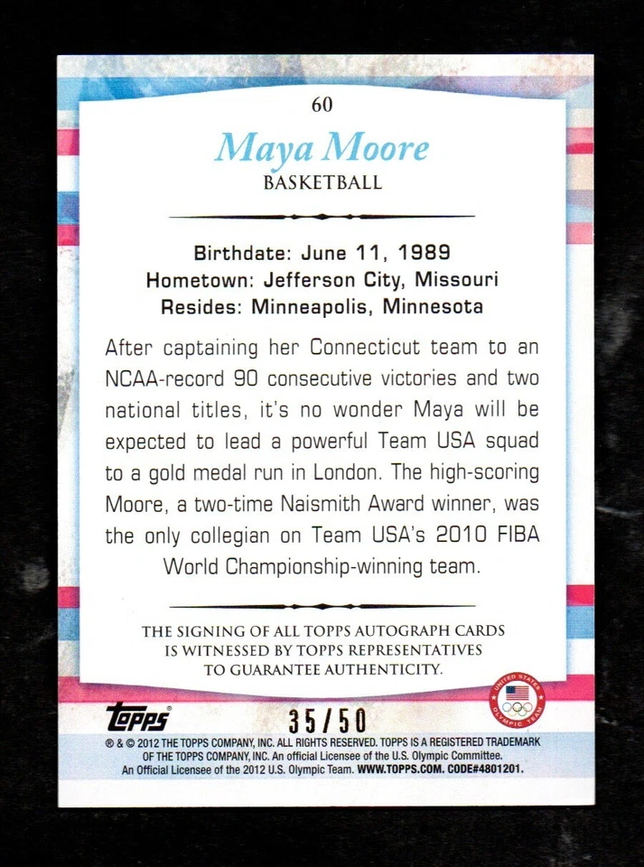 2012 Topps equipe olímpica dos EUA MAYA MOORE autógrafo bronze #60 WNBA HOF 35/50 - Imagem 2 de 2