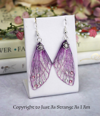 Handmade UK Artist Pink Sparkle Cicada Butterfly Fairy Wing Earrings Pagan Boho