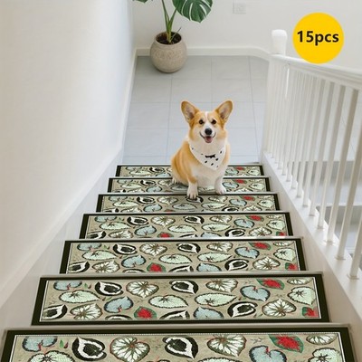 [Rubber Anti-Slip Mat] 15pcs Brown-Green Retro Pattern Art Pattern Stair Mats,