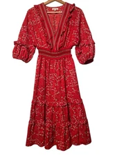 Max Studio Floral Red Crepe Dress Sz S 3/4 Bubble Sleeve Tiered Western Boho