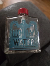 Vintage Holy Water Clear Glass Bottle , Red Cap.