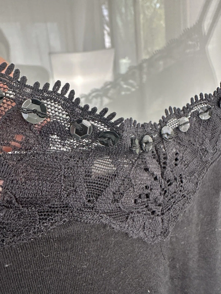 Faded Glory Lace Trim Tank Top Size Large 11-13 Black Fitted Sequins Stretch Y2K - Image 2 of 4
