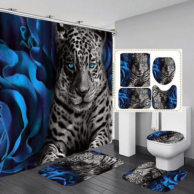 4PCS Blue Rose and Leopard Shower Curtain Bathroom Set with Rugs, Toilet Lid Cov