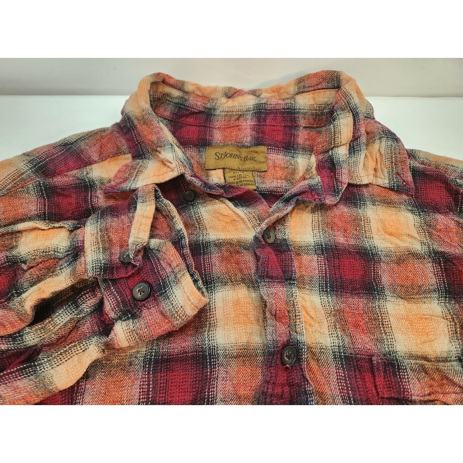 St Johns Bay Mens Plaid Flannel Long Sleeve Button Up Shirt Red Orange Medium