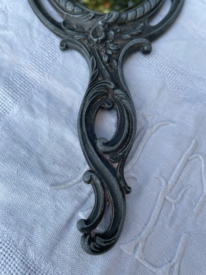 Miroir Face À Main Ancien Métal Lourd Glace Biseautée, Style Art Nouveau - Photo 3/4