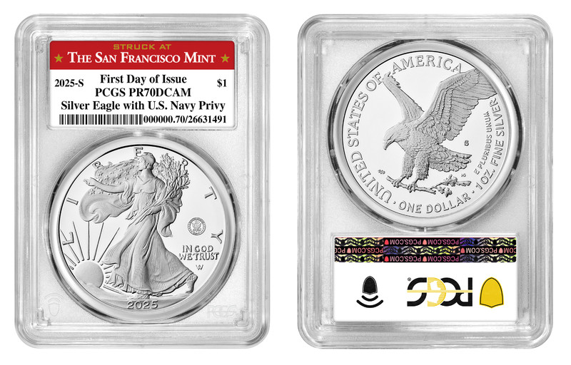 2025 S Silver Eagle $1 US Navy Privy PCGS PR70DCAM First Day Of Issue#98