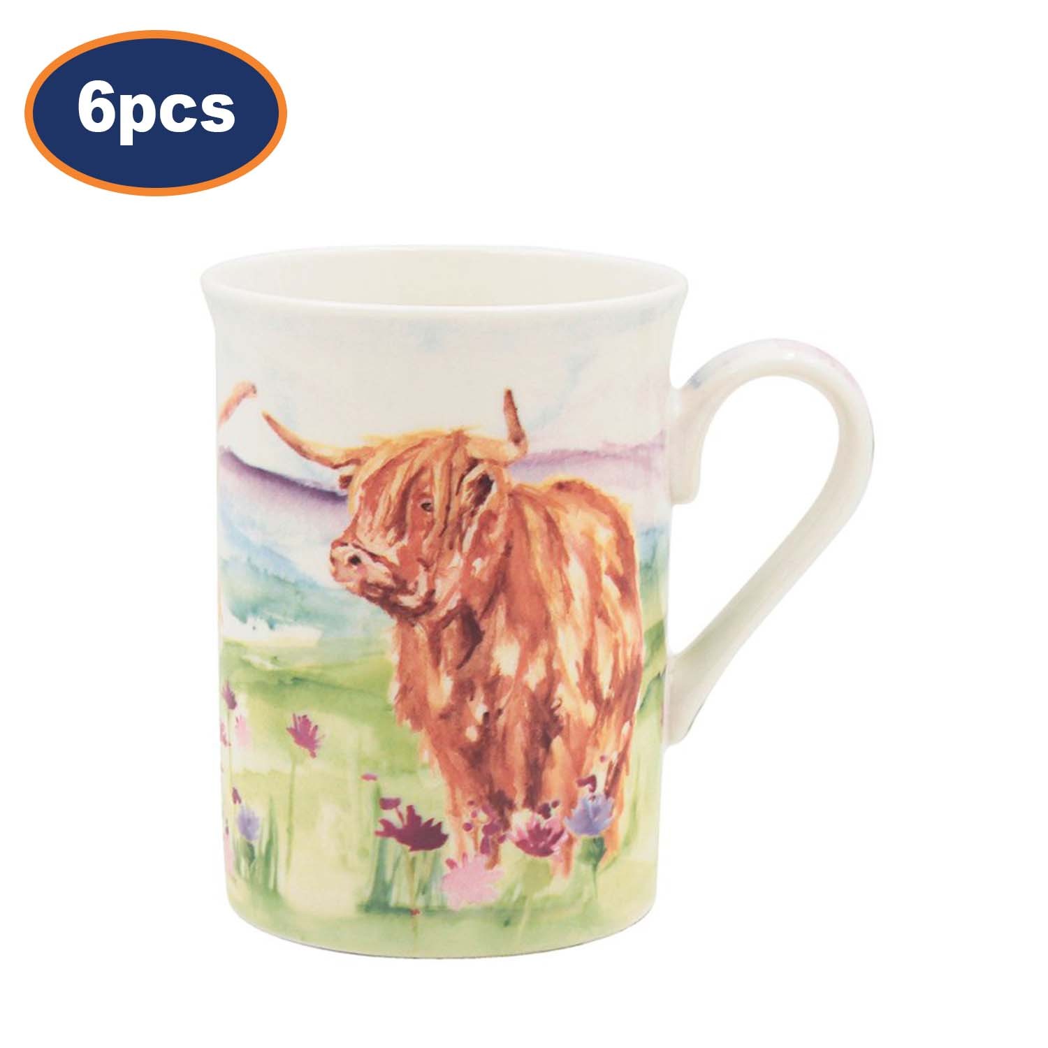 Highland Cows Ceramic Coffee Mug Set of 6 Farmhouse Country Drinkware 275ml Cup