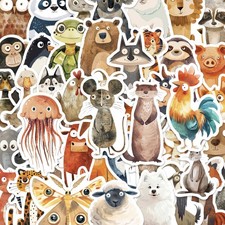 50pcs Watercolor Animal Stickers Cute Cartoon Vinyl Waterproof Laptop Decals