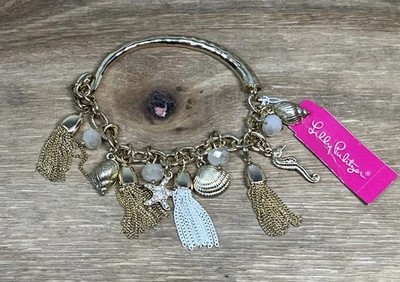 Lilly Pultizer Gold Tone Ocean Themed Charm Bracelet Starfish Seashells 