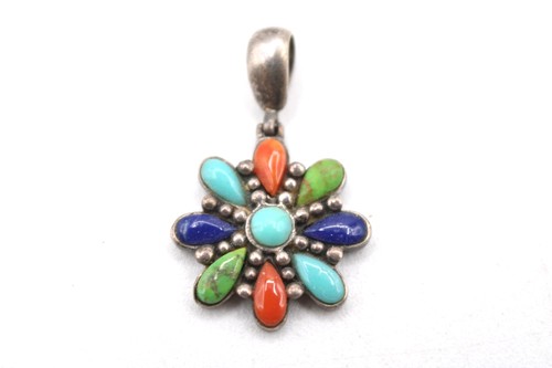 Vtg 925 Sterling Silver Multicolor Gemstone Flower Pendant Turquoise Lapis More