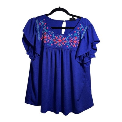 PERCH BY BLU PEPPER Cobalt Blue Embroidered Blouse Size 2X Flutter Sleeves Boho