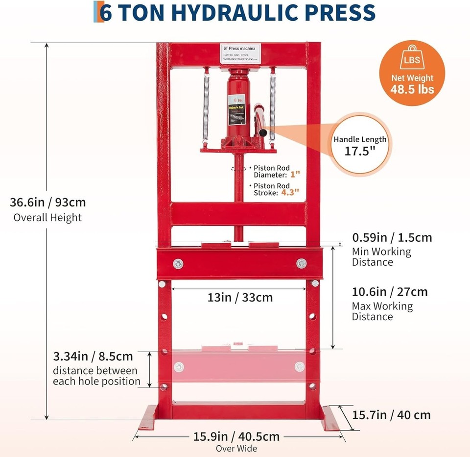 Hydraulic Shop Press 6 Ton with Moveable Press Plates H-Frame ...