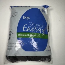 Leggs Sheer Energy Medium Support Pantyhose Control Top Sz Q 6 Pack Off Black 74