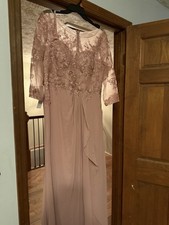 Azazie Purple Dusty Lavender Lace Bodice Sheer 3/4 Sleeve Floor Length Dress