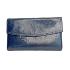 Genuine Leather Checkbook Cover With Credit Card Slots and Pen Holder Navy Blue