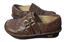 Alegria Alli Yeehaw Brown Embossed Leather Buckle Clogs 36 (US 6-6.5)  ALL-574