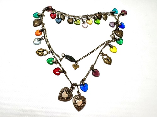 VIntage Glass Works Studio Heart Charms Necklace Brass & Molded Glass Signed 31”