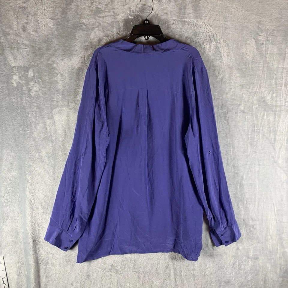 Blusa feminina Eileen Fisher 100% seda roxa L manga longa aba rolo botão para cima - Imagem 2 de 4
