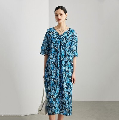 Linen Midi Dress Women 100% Ramie Floral V Neck Summer Dress Breathable NEW