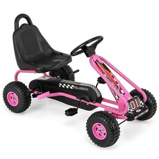 Pink Go Kart for Kids, 4 Wheel Pedal Powered Go Cart with Steering Wheels Adju