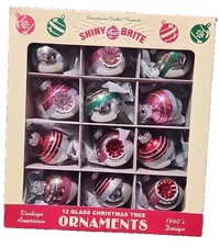 NEW! Set Of 12 Radko Shiny Brite 1940s Style Handblown Reflector Glass Christmas