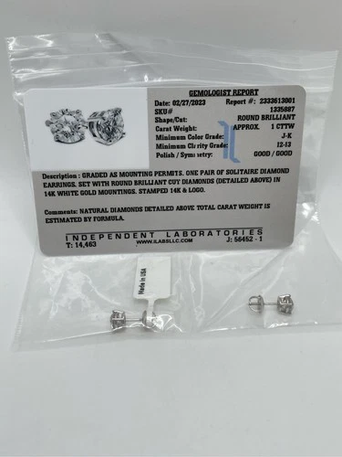 1 Carat 14K White Gold Round Shape IGI Certified LAB GROWN Diamond Stud Earrings