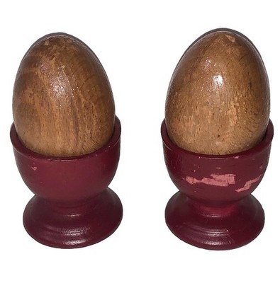 Vintage Wooden Egg Salt & Pepper Shakers w/ Eggcups 3.5  Tall Painted *Read