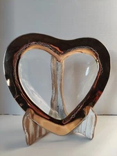 Annie Glass Heart Dish Bowl, Clear with Crackled  24K Gold Trim Signed 