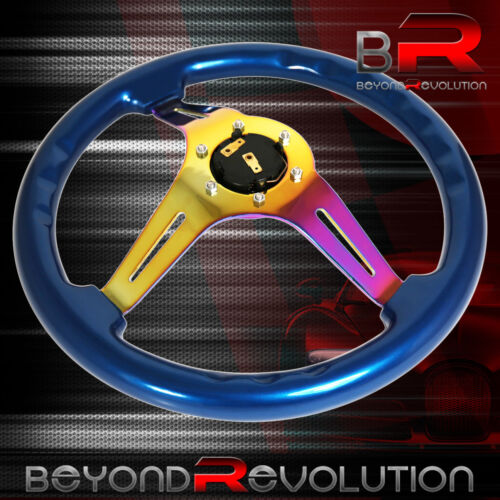 Universal Deep Dish Blue Neo Chrome Center Steering Wheel Frame Wakaba Button - Picture 2 of 4