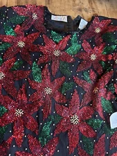 Scala Christmas Poinsettia Beaded Sequin Silk Black Red Top Vtg 80s Size XL