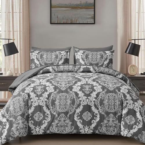 Comforter Set Size, Damask Texture 7 Pieces Bed in a Bag Queen Dark Grey-image