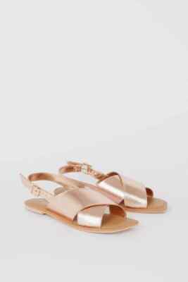 New Wallis Rose Gold Leather Flat Cross Strap Sling Back Sandals