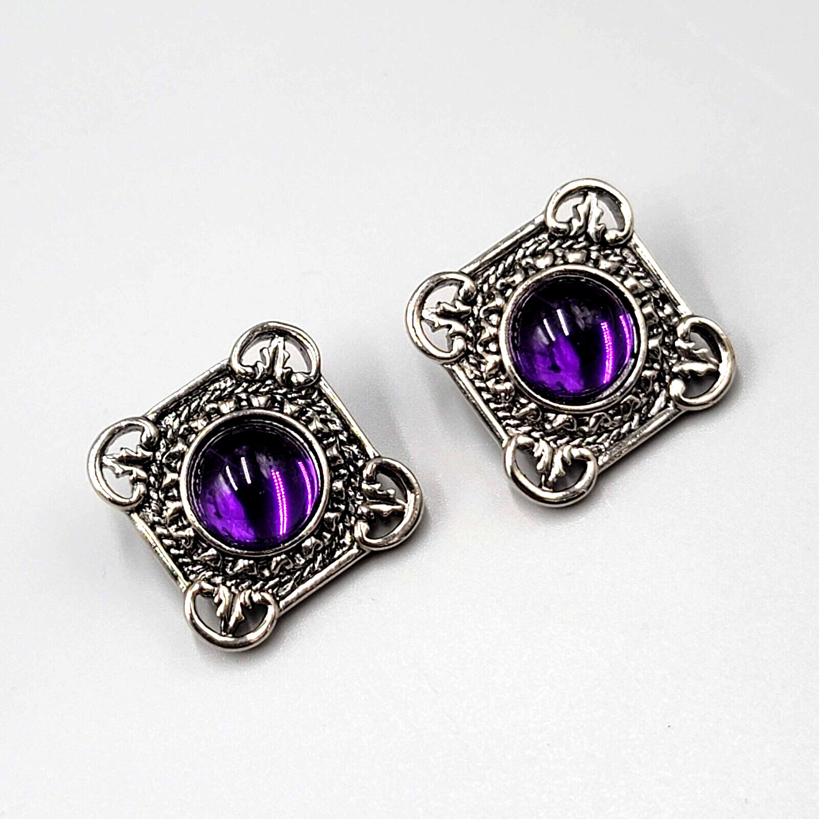Vintage Translucent Purple Cabochon Clip on Earrings Silver tone 1.25"