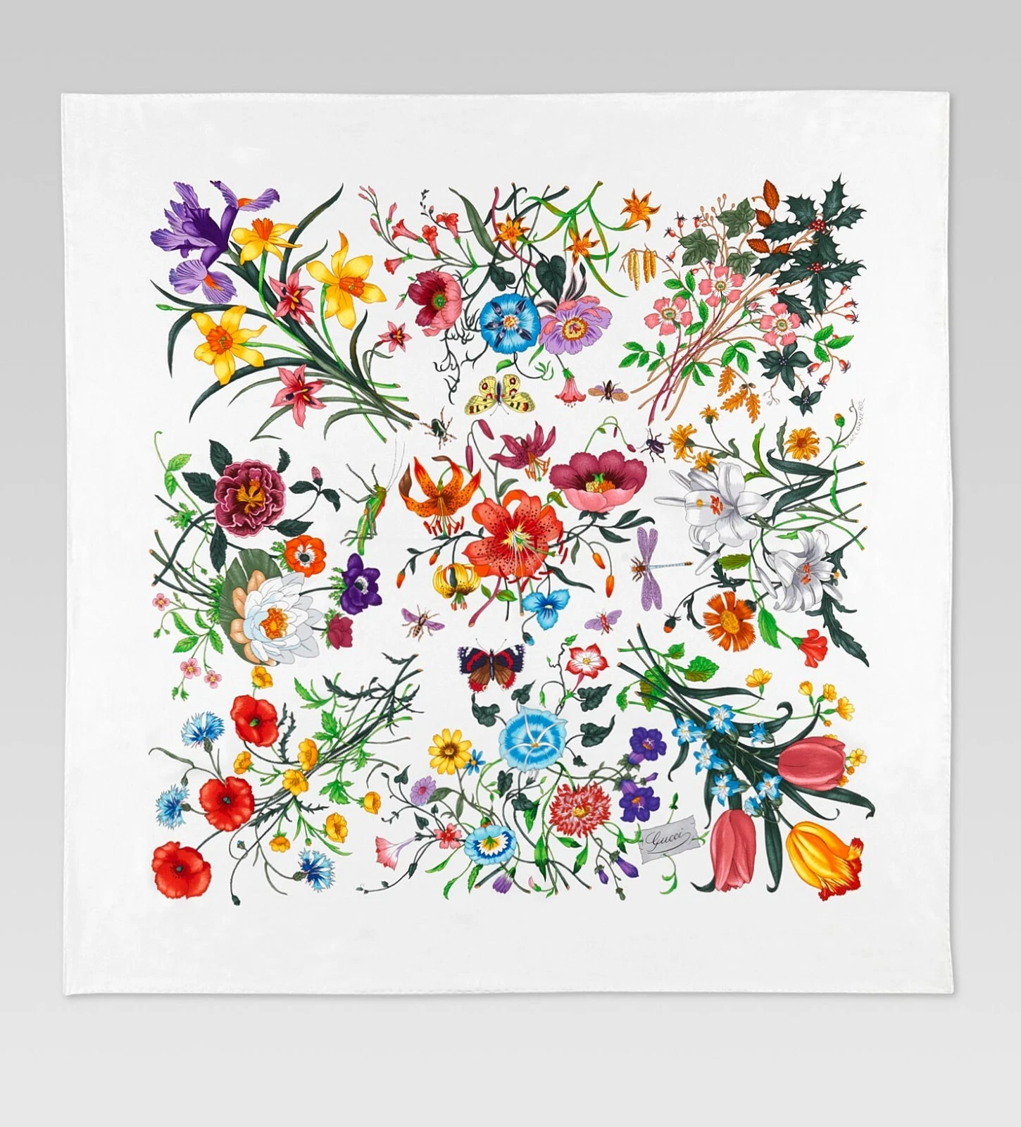Foulard Gucci Silk Wrap Flora Logo Blanc Multicolore avec Boîte Cadeau Gucci
