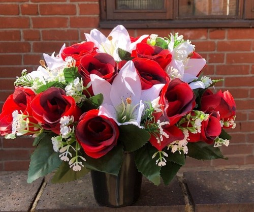 Artificial Silk Grave Pot Flower Memorial Hand Made Red Roses and white lilies - Picture 2 of 3