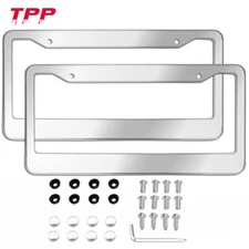 2PCS Chrome Stainless Steel Metal License Plate Frame Tag Cover With Screw Caps