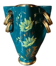VINTAGE CAL MADE IN ITALY EMERALD GREEN AND GOLD HAND PAINTED FLORAL VASE