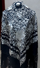 Shawl Piano Manton Black Pearl White Silk Embroidered 51" Shipped By FedEx DDP