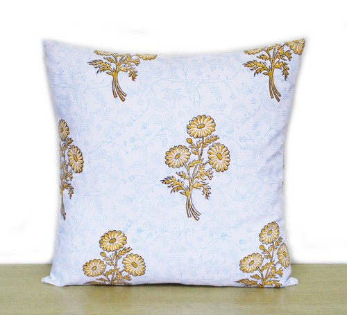 Yellow Floral White 4 Pcs Indian Hand Block 16"Cotton Pillow Case Cushion Covers - 第 2/6 張圖片