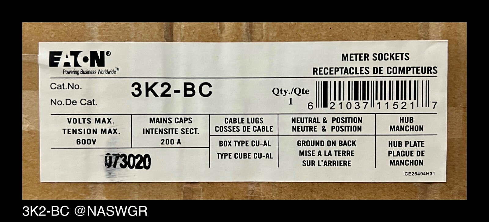 Eaton 3K2-BC Mult-Gang Meter Socket ~ 3-Gang 200A 600V ~ Surplus | eBay