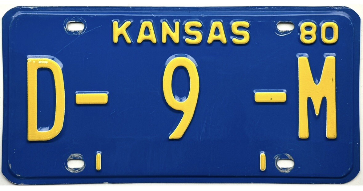 *99 CENT SALE* 1980 Kansas DEALER License Plate 9 SINGLE DIGIT No