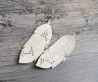Neutral Handmade Genuine Leather Feather Earrings Floral Pattern