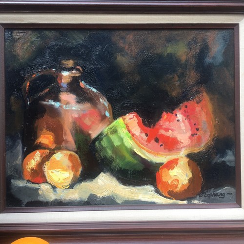 NATURA MORTA ANGURIA ARANCE BROCCA FRUTTA STEFANIA OLIO DIPINTO IMPASTO VINTAGE - Foto 3 di 6