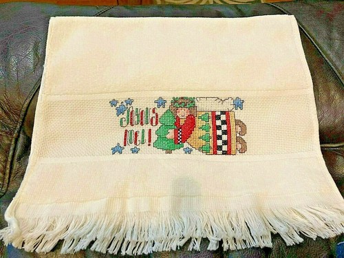 COMPLETED CROSS STITCH CHRISTMAS FINGERTIP TOWEL ANGEL JOYOUS NOEL OFF WHITE NEW - Picture 1 of 2