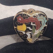 Vintage Cloisonne Heart Pendant Dragon Sun Black Gold Tone Charm